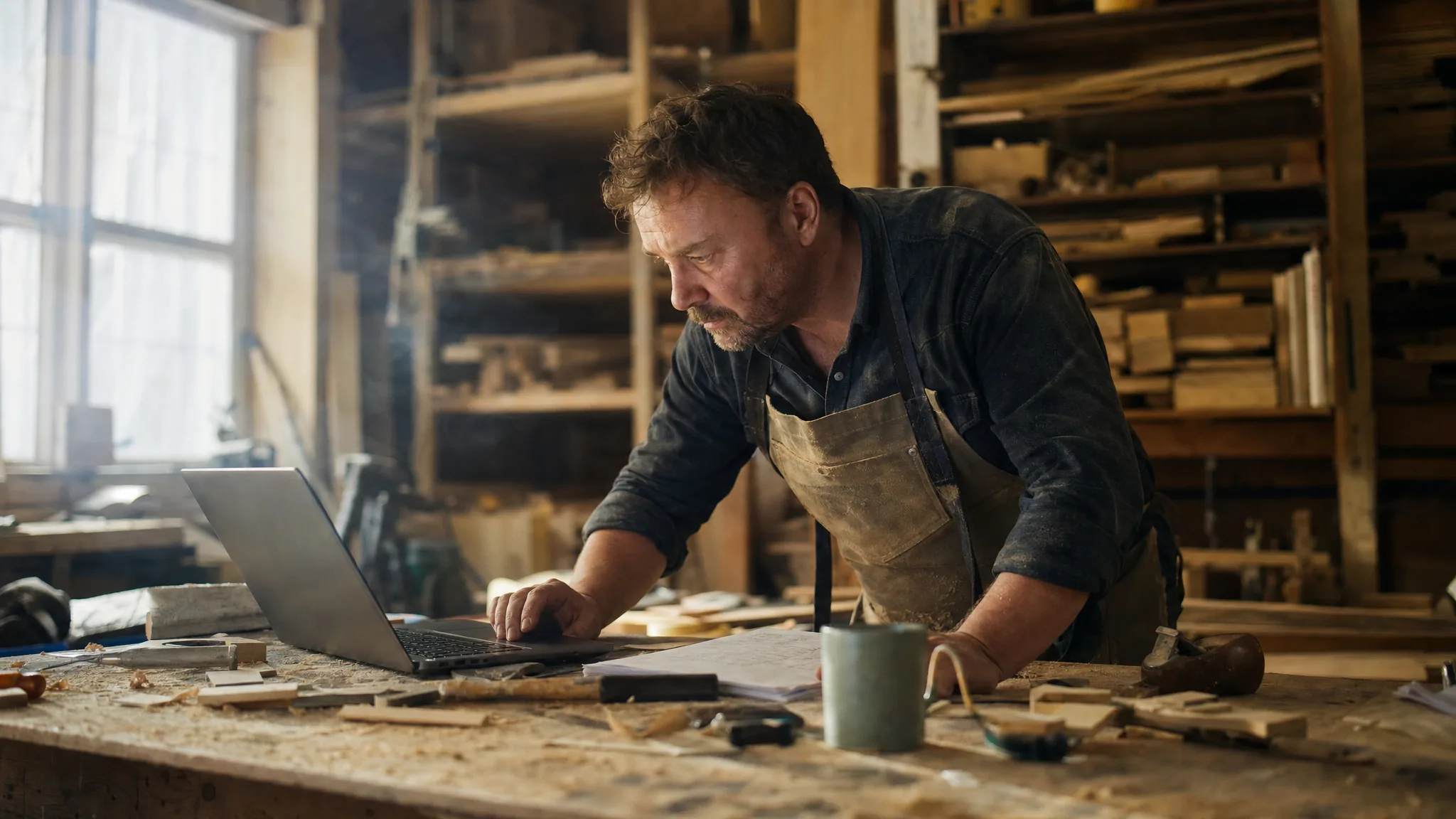 Un artisan menuisier prépare un devis sur son ordinateur portable au milieu de son atelier