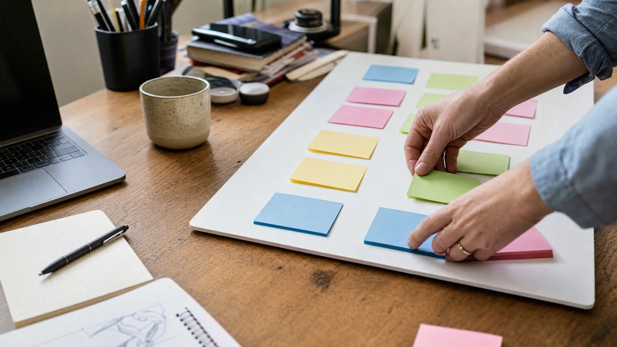 Des post-its triés en groupes sur un tableau, les familles d'outils IA