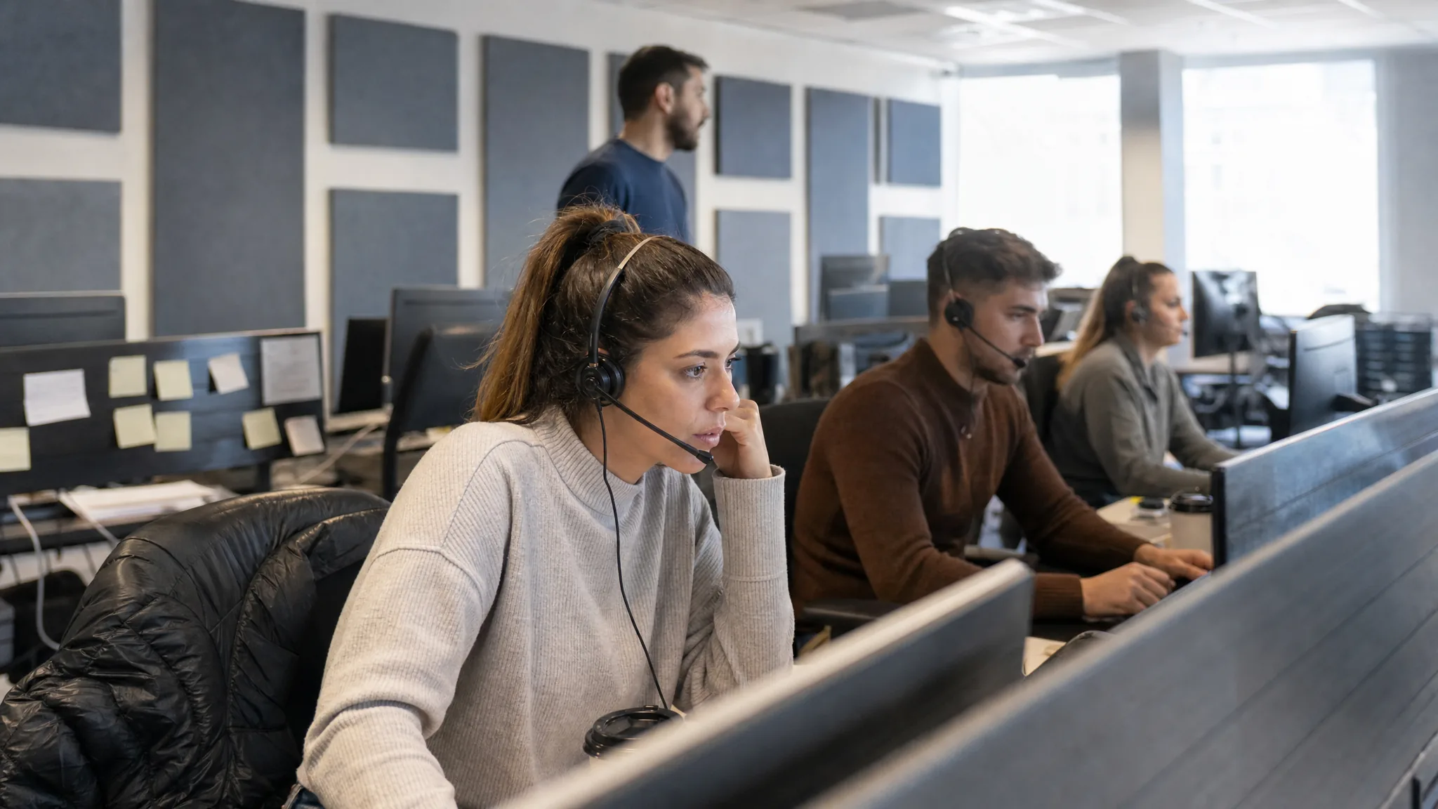 Un plateau de centre d'appels avec des téléconseillers au casque devant leurs écrans