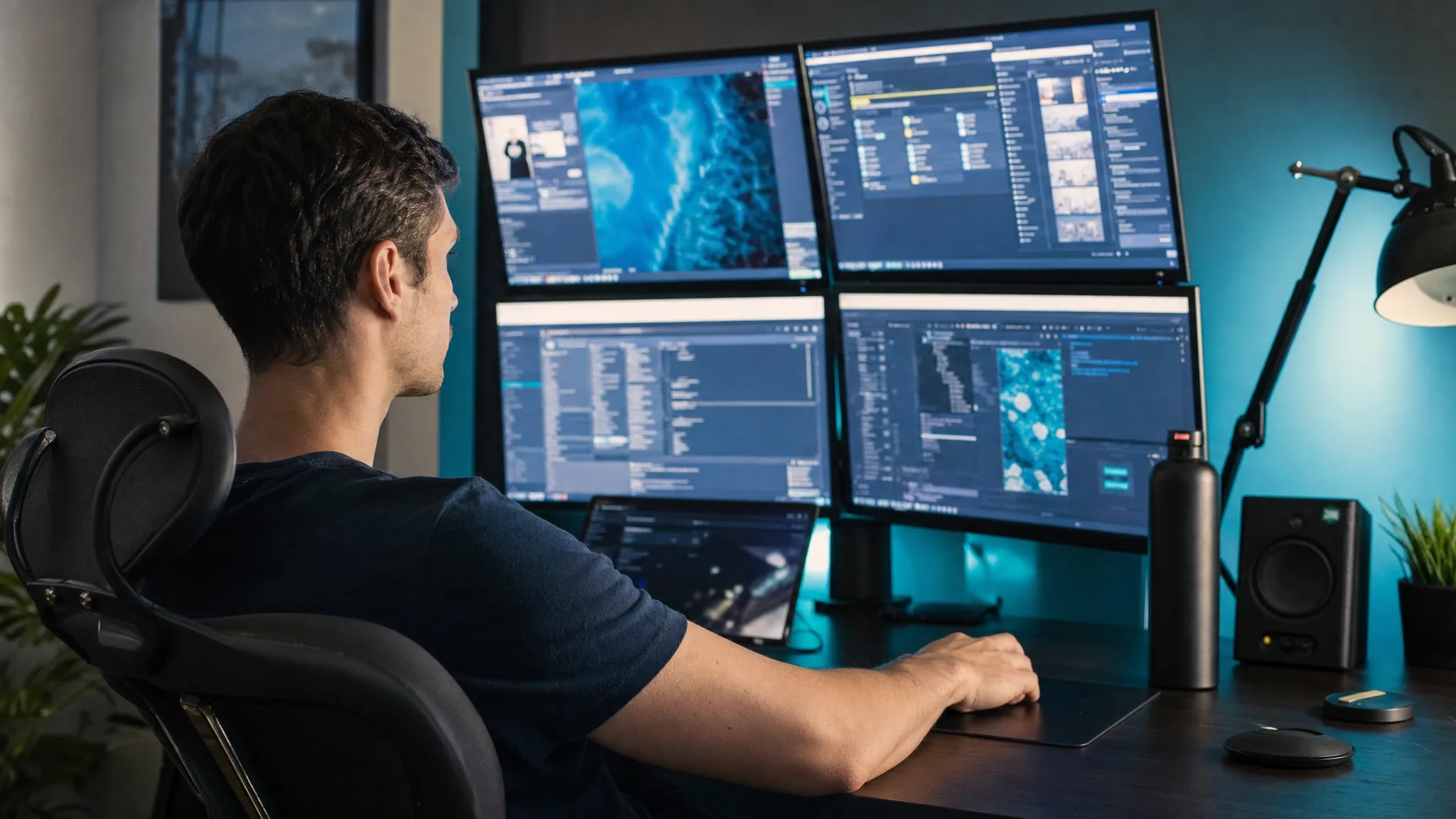 Une personne pilote plusieurs applications IA comme un tableau de bord, rendu moderne LED