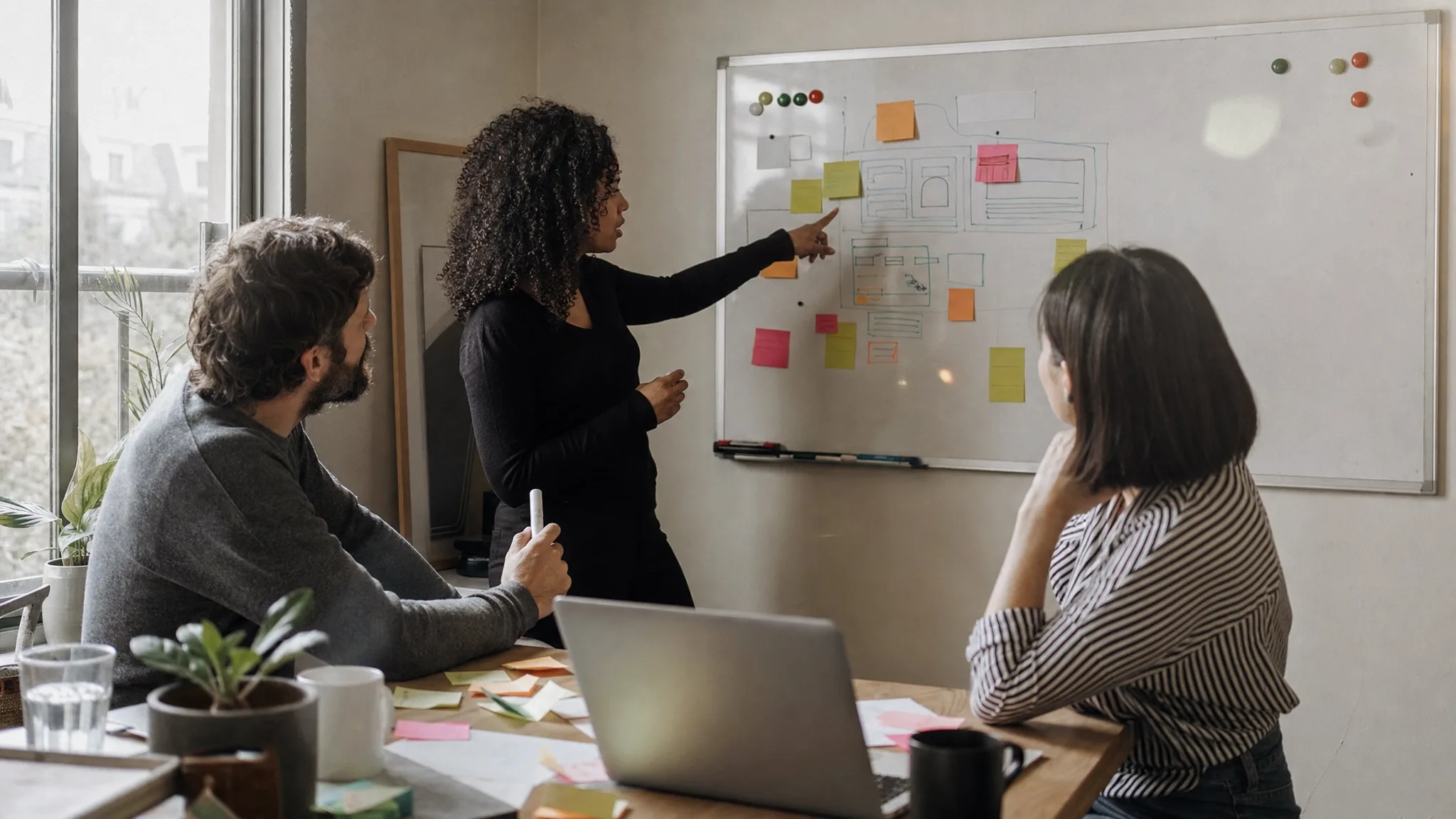 Une petite équipe organise ses idées avec des post-its autour d'une table de bureau