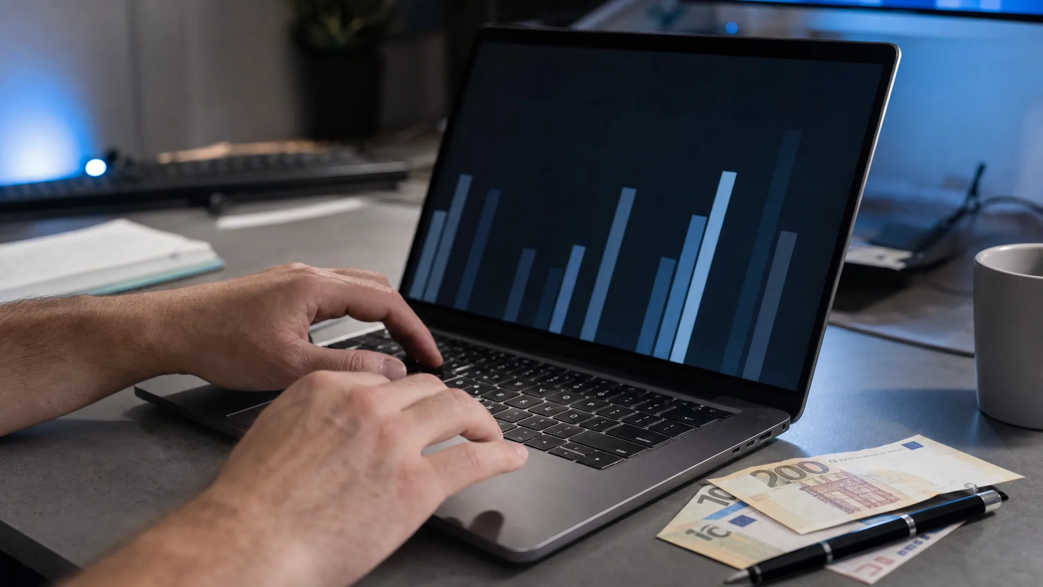 Un ordinateur portable affiche des graphiques de budget sur un bureau moderne