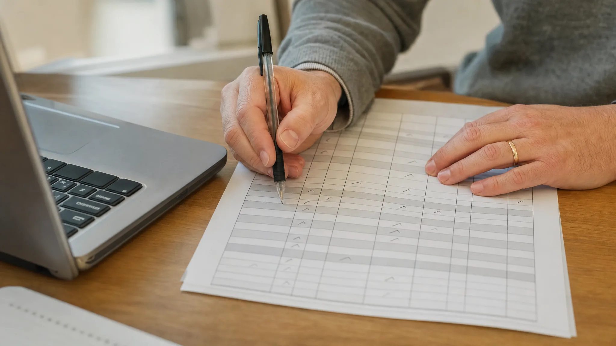 Des mains remplissent une grille de comparaison au stylo à côté d'un ordinateur