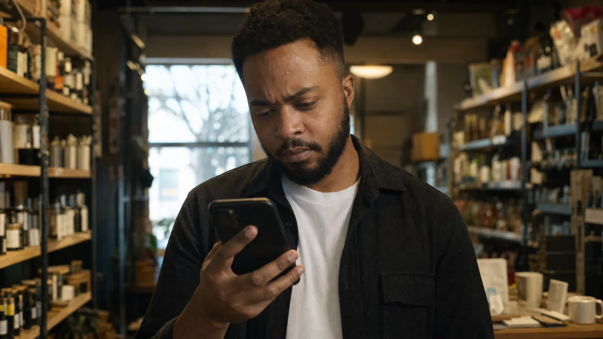 Une cliente compare des informations sur son téléphone dans un commerce