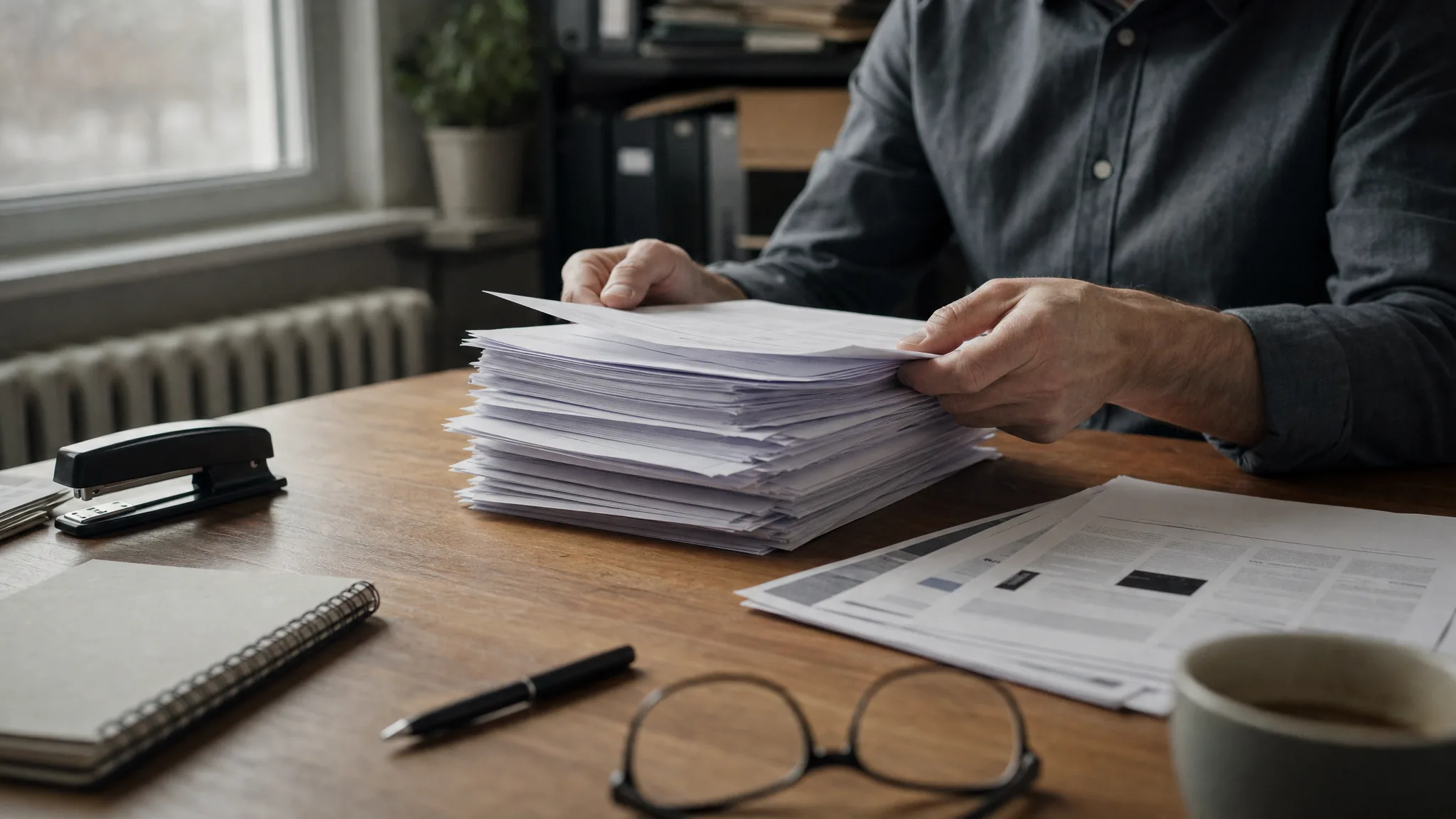 Des mains trient une pile de CV papier sur un bureau de recrutement