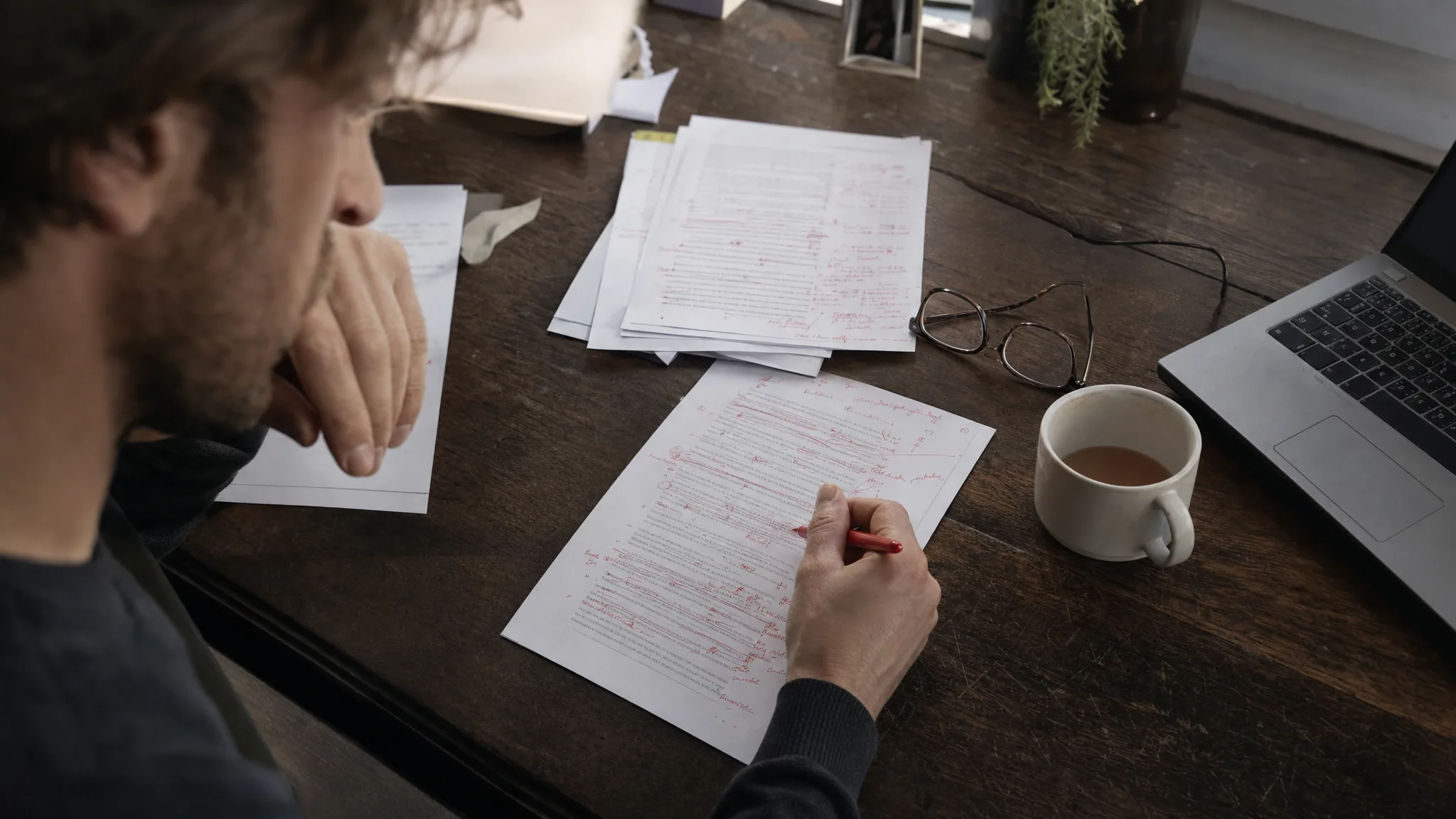 Pages imprimées annotées à la main au stylo rouge sur un bureau