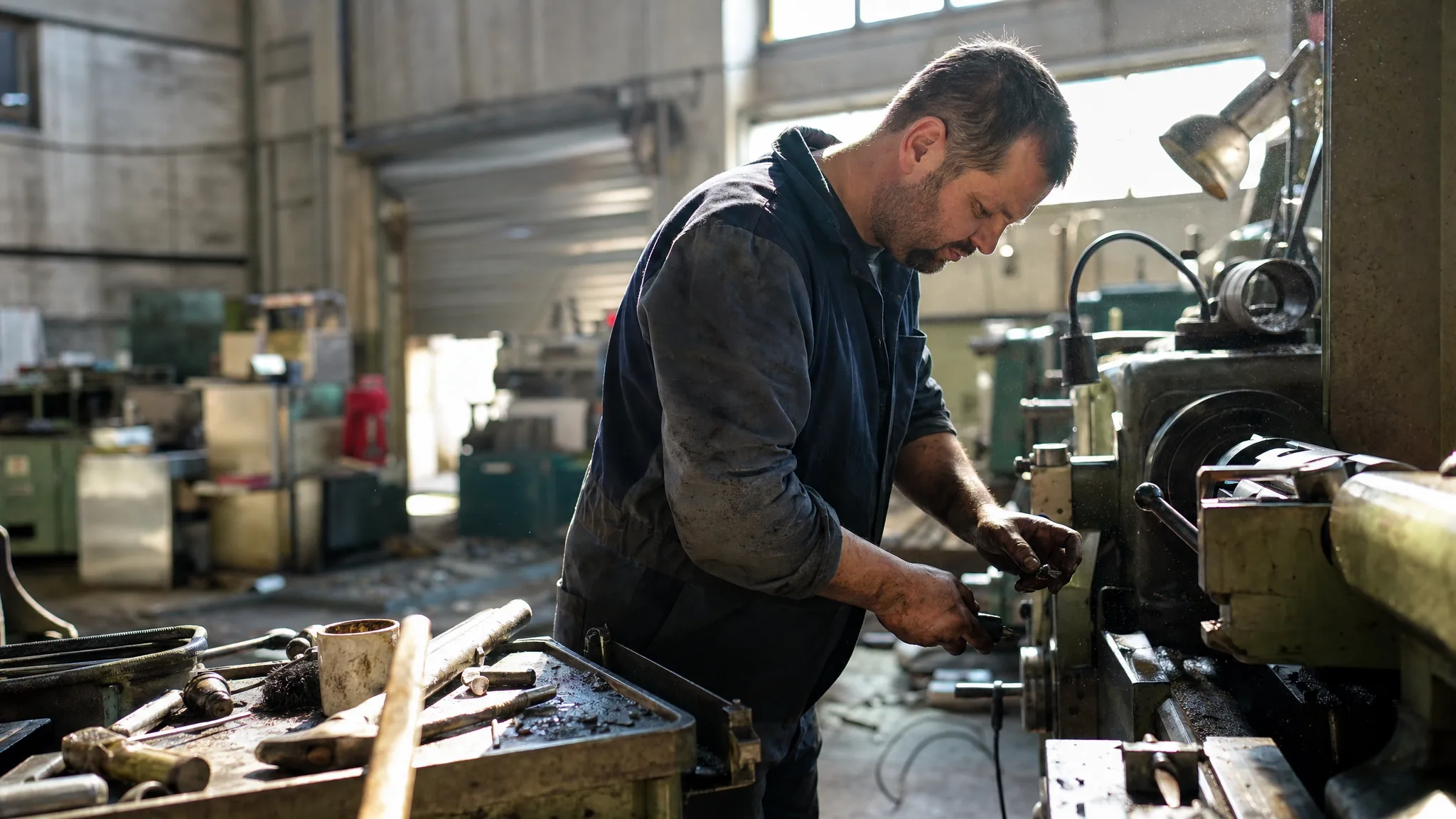 Un technicien en bleu de travail intervient sur une machine dans son atelier