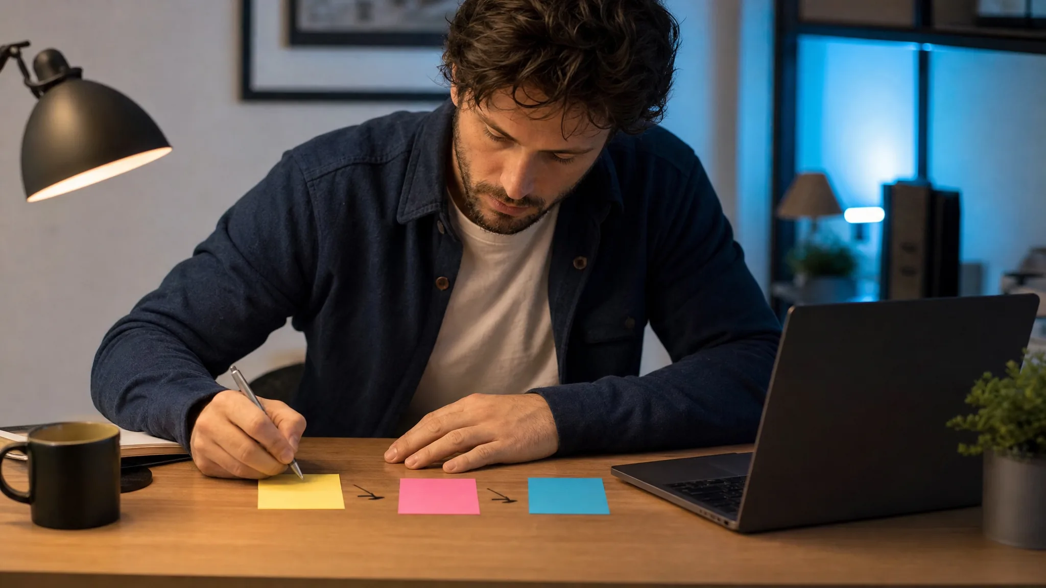 Un plan étape par étape en post-its sur un bureau moderne avec un éclairage LED doux