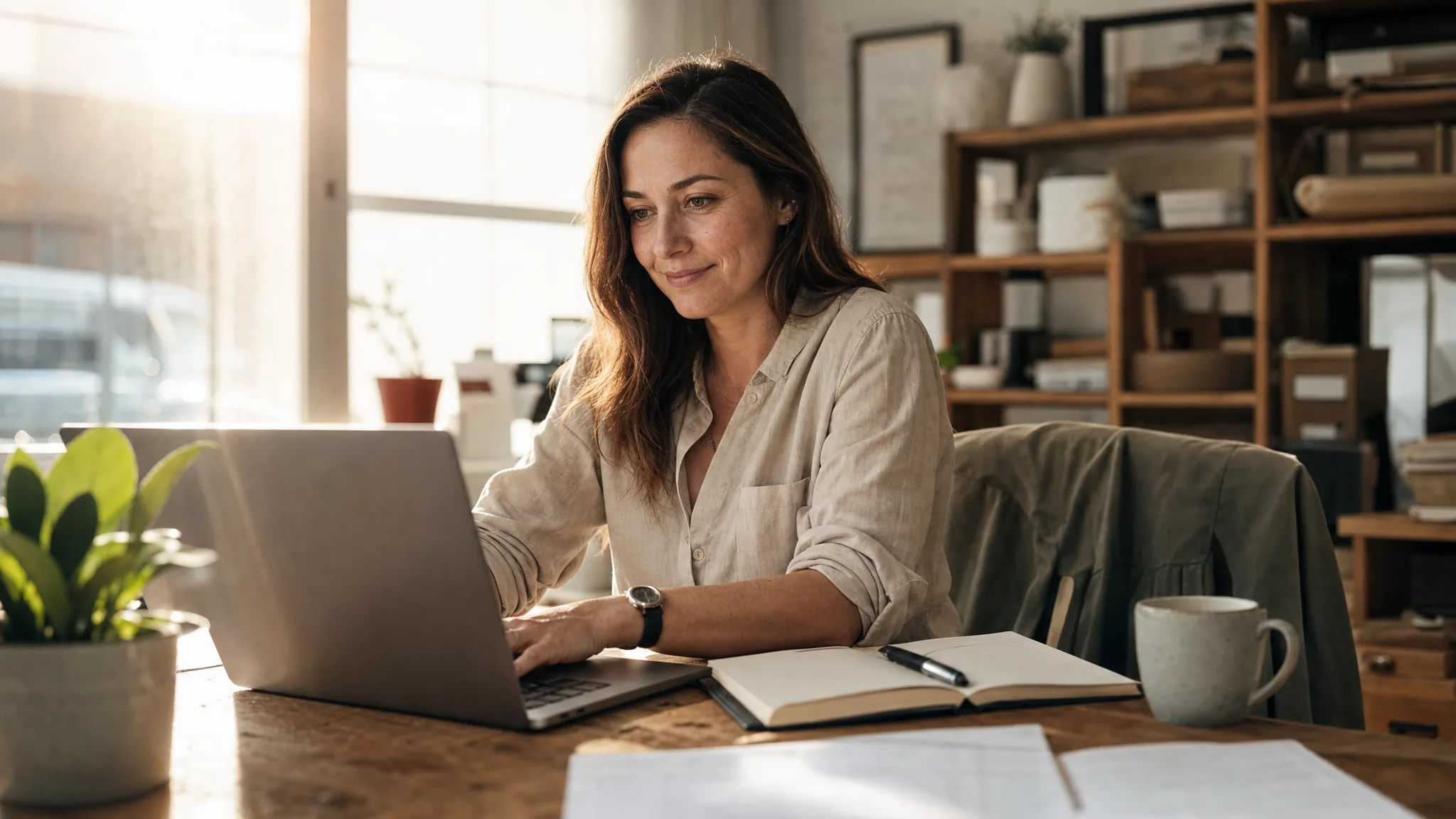 Une dirigeante travaille sereinement devant son ordinateur portable dans un bureau lumineux