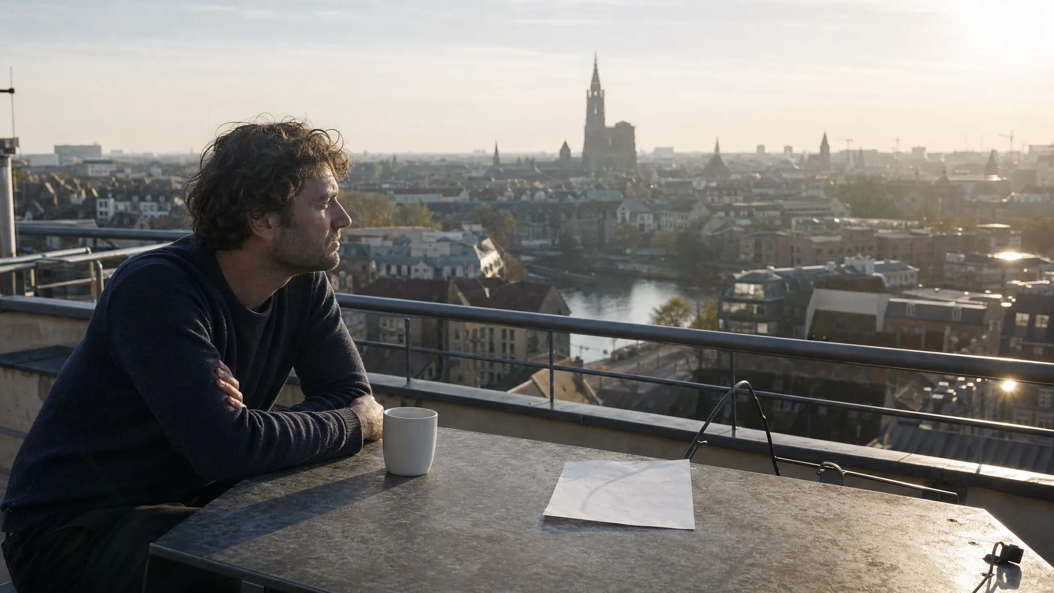 Vue sur les toits de Strasbourg en fin d'après-midi avec la flèche de la cathédrale