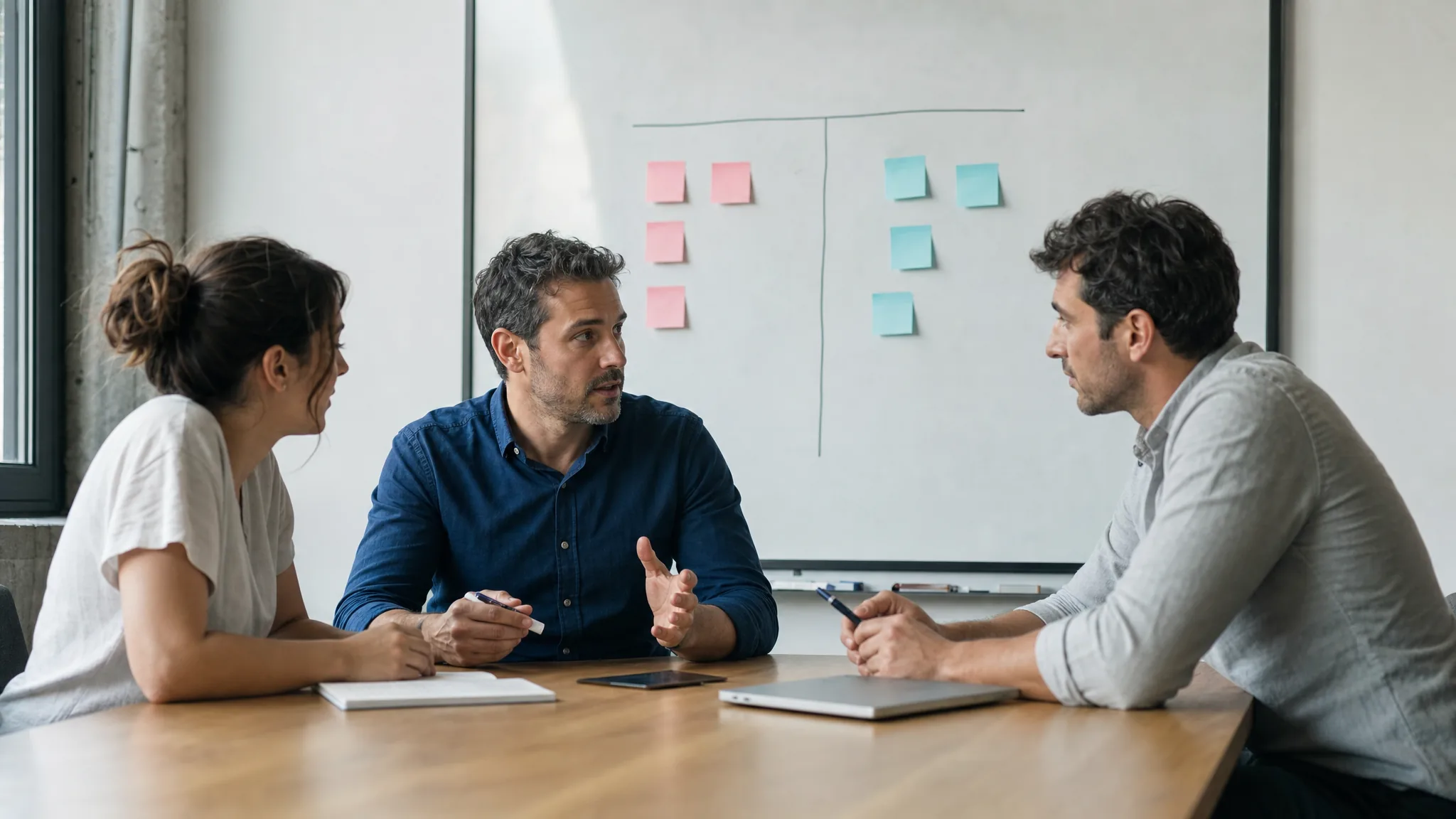 Un dirigeant et son équipe discutent autour d'un tableau