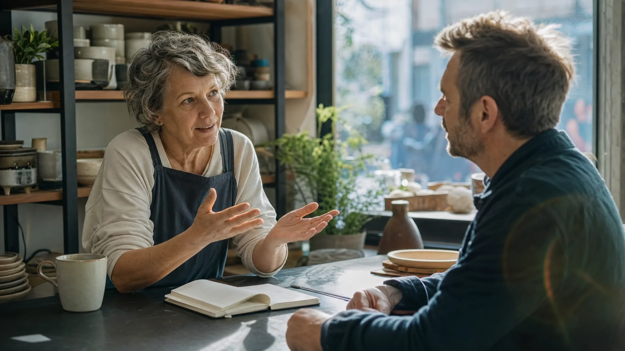 Échange en face à face au comptoir d'un commerce indépendant